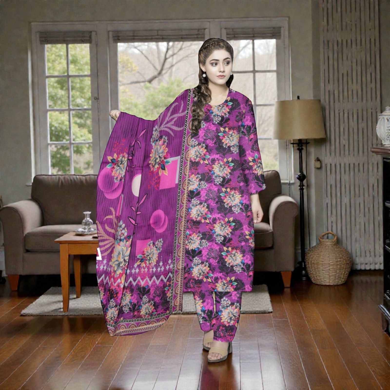 3 Piece Suit – Baba Dora Lawn Printed Kameez, Printed Trouser & Dupatta