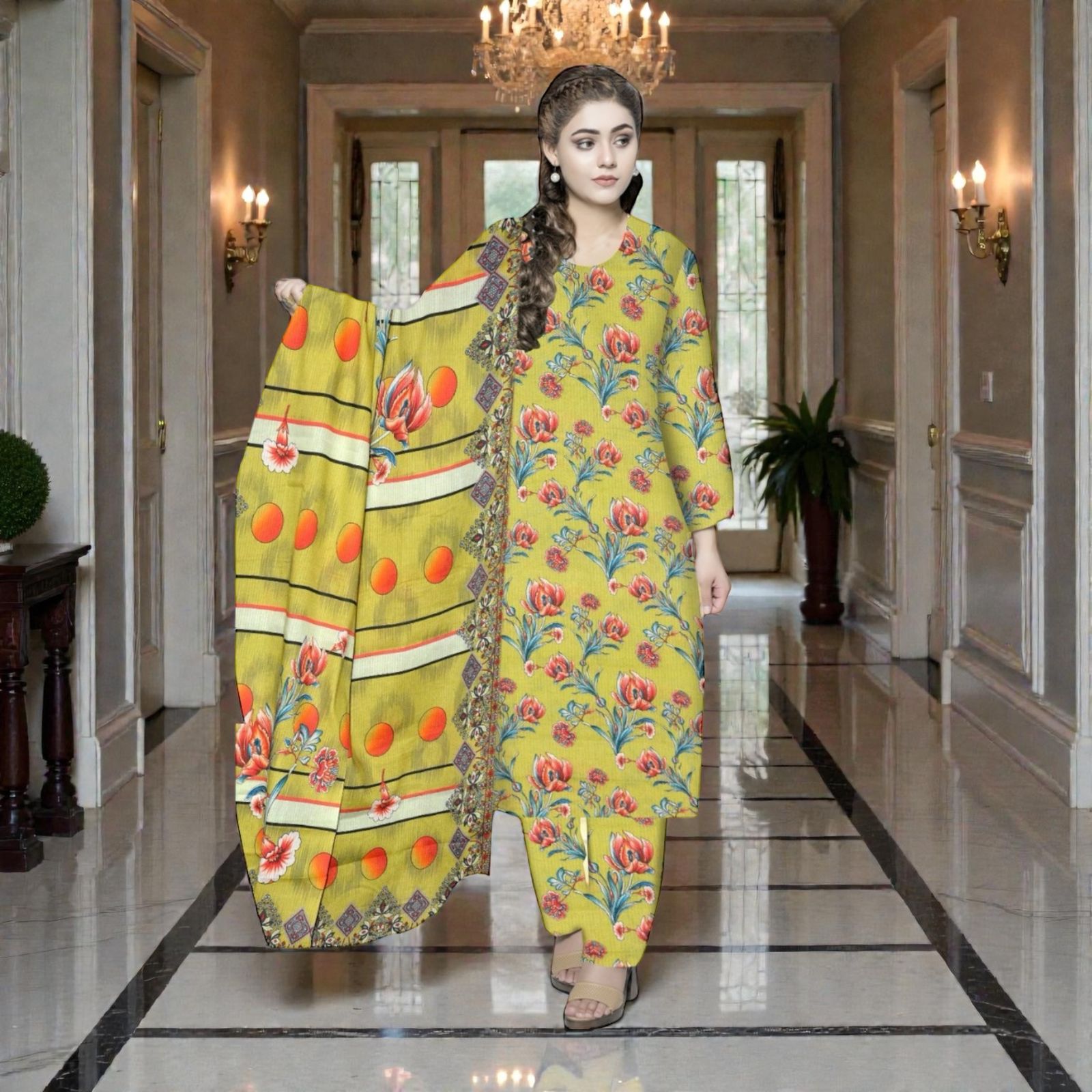 3 Piece Suit – Baba Dora Lawn Printed Kameez, Printed Trouser & Dupatta