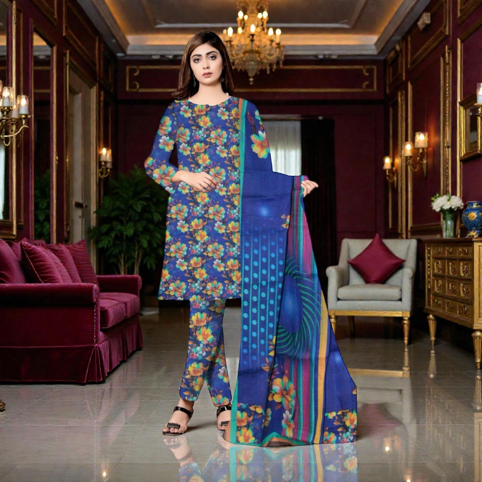 3 Piece Suit – Baba Dora Lawn Printed Kameez, Printed Trouser & Dupatta