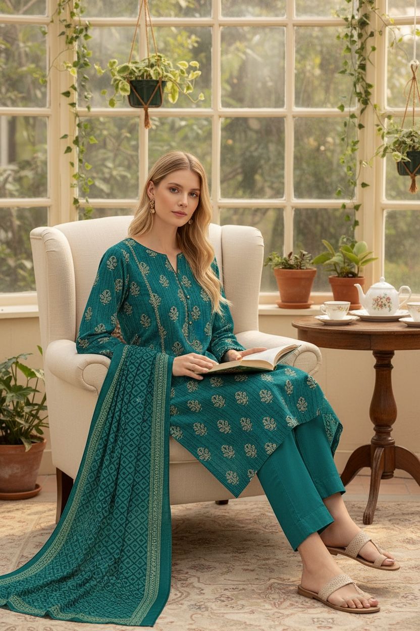 3 Piece Lawn Suit – Printed Kameez, Plain Shalwar & Printed Dupatta