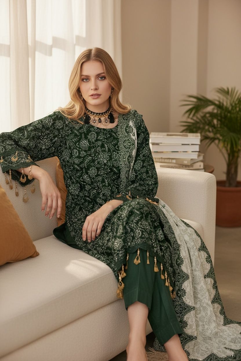 3 Piece Lawn Suit – Printed Kameez, Plain Shalwar & Printed Dupatta