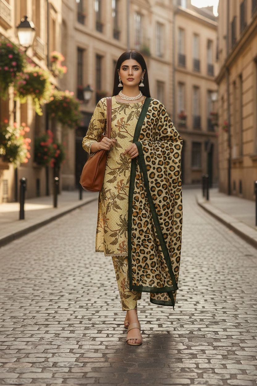 3 Piece Lawn Suit – Printed Kameez, Plain Shalwar & Printed Dupatta