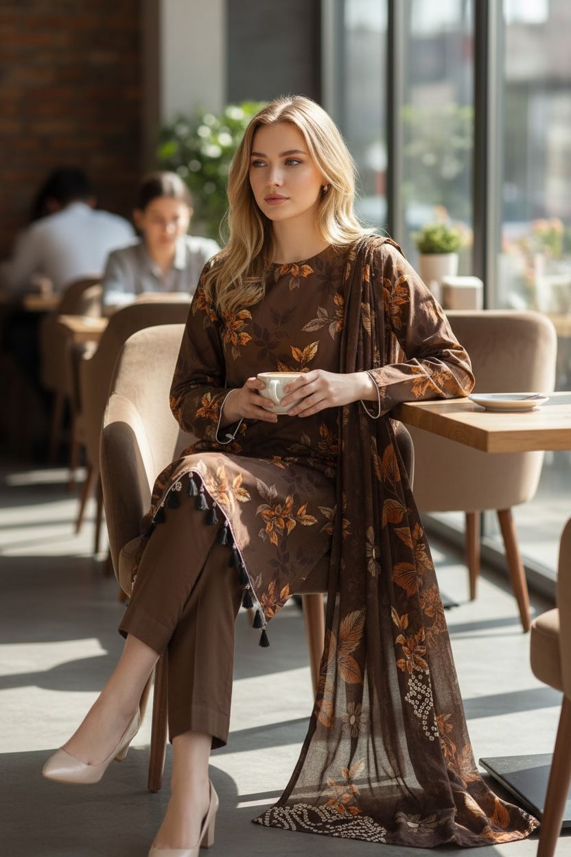 3 Piece Lawn Suit – Printed Kameez, Plain Shalwar & Printed Dupatta