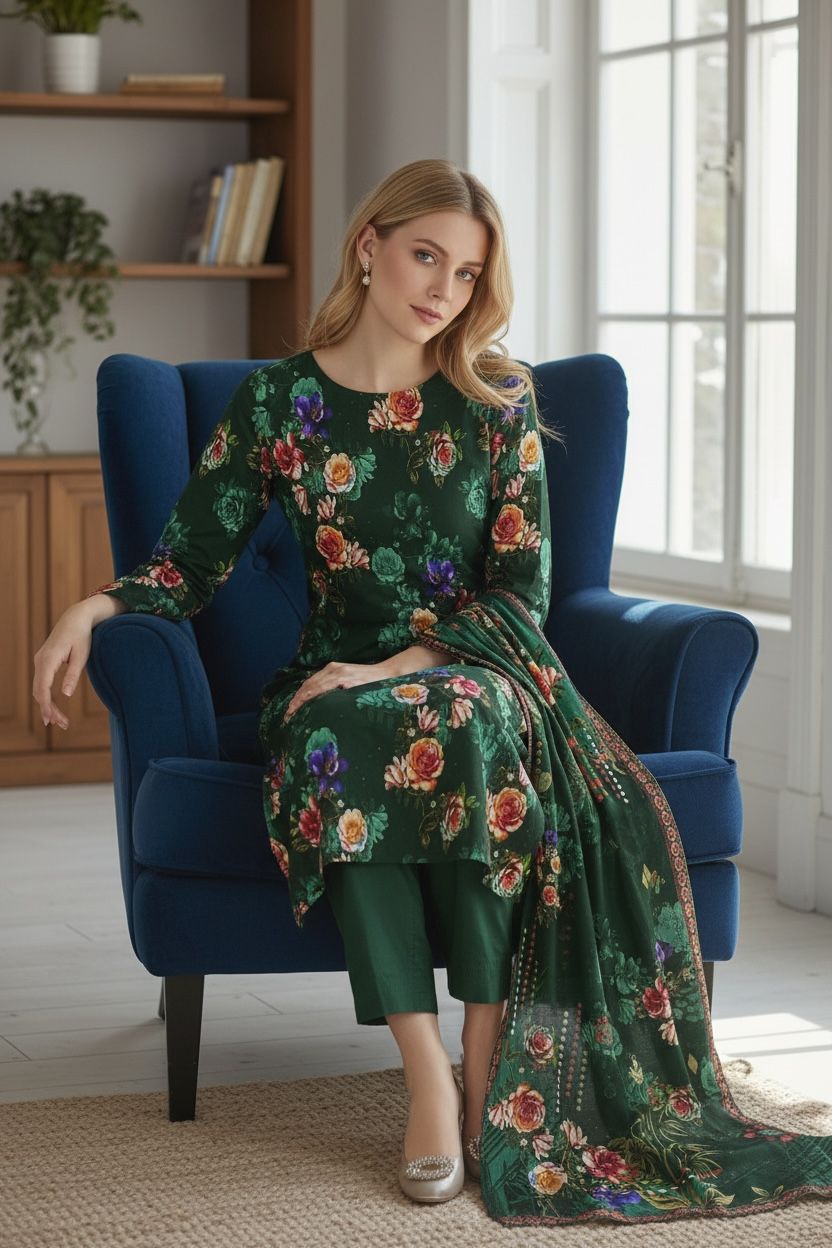 3 Piece Lawn Suit – Printed Kameez, Plain Shalwar & Printed Dupatta