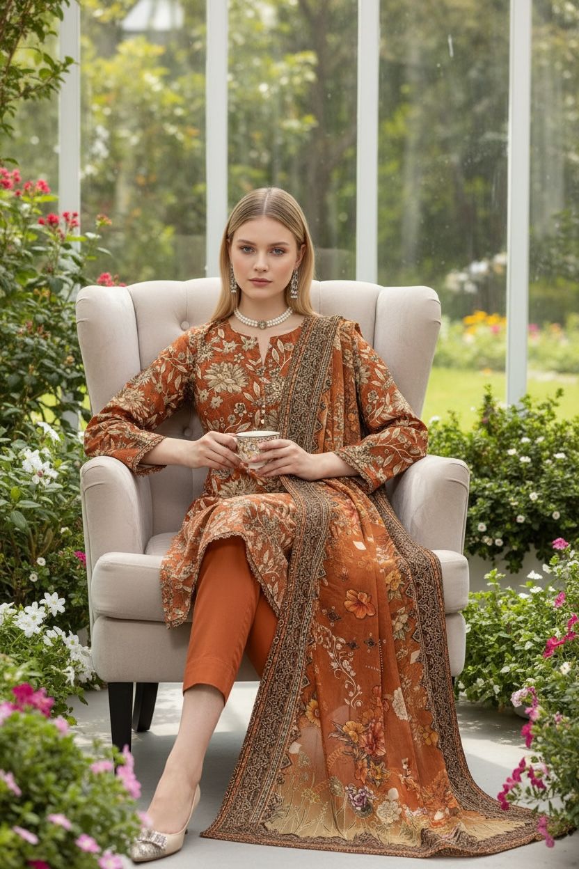 3 Piece Lawn Suit – Printed Kameez, Plain Shalwar & Printed Dupatta
