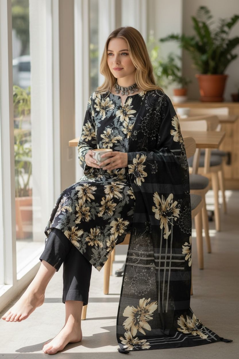 3 Piece Lawn Suit – Printed Kameez, Plain Shalwar & Printed Dupatta