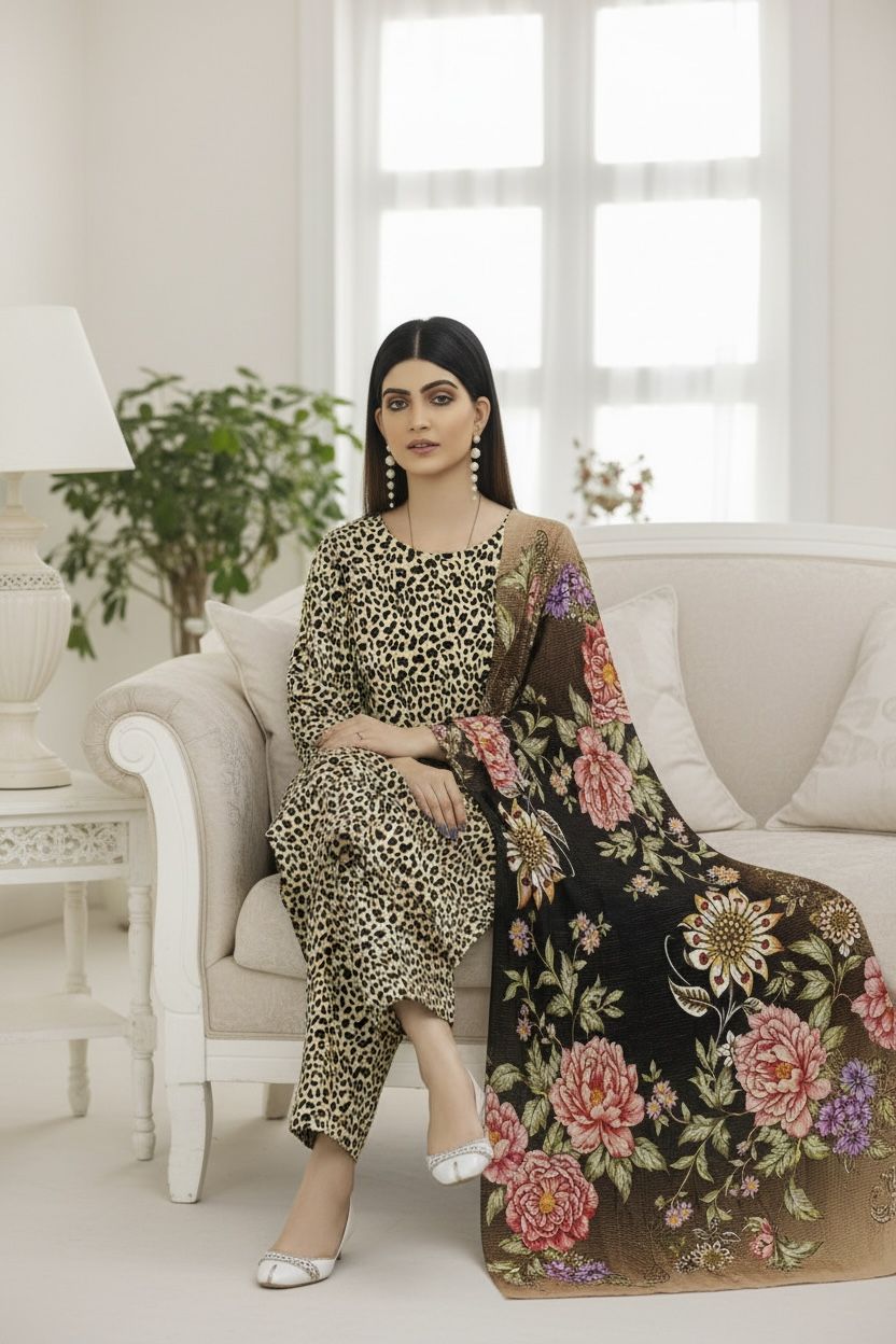 3 Piece Lawn Suit – Printed Kameez, Plain Shalwar & Printed Dupatta