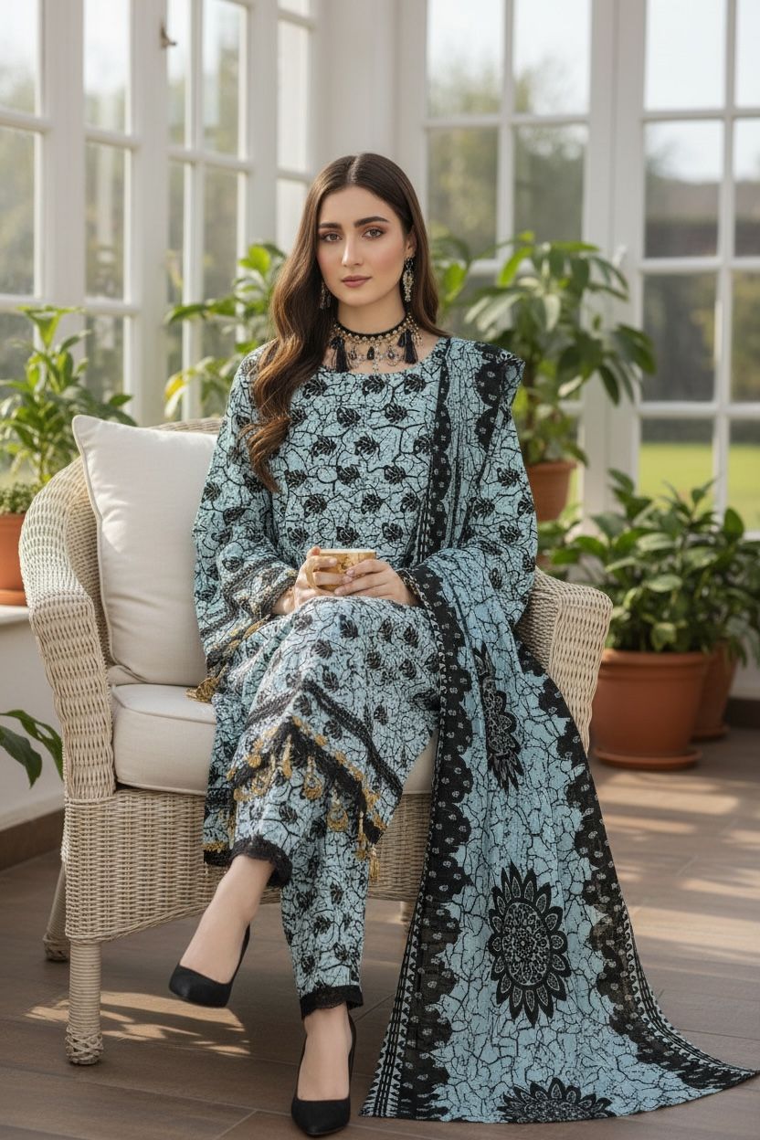 3 Piece Lawn Suit – Printed Kameez, Plain Shalwar & Printed Dupatta