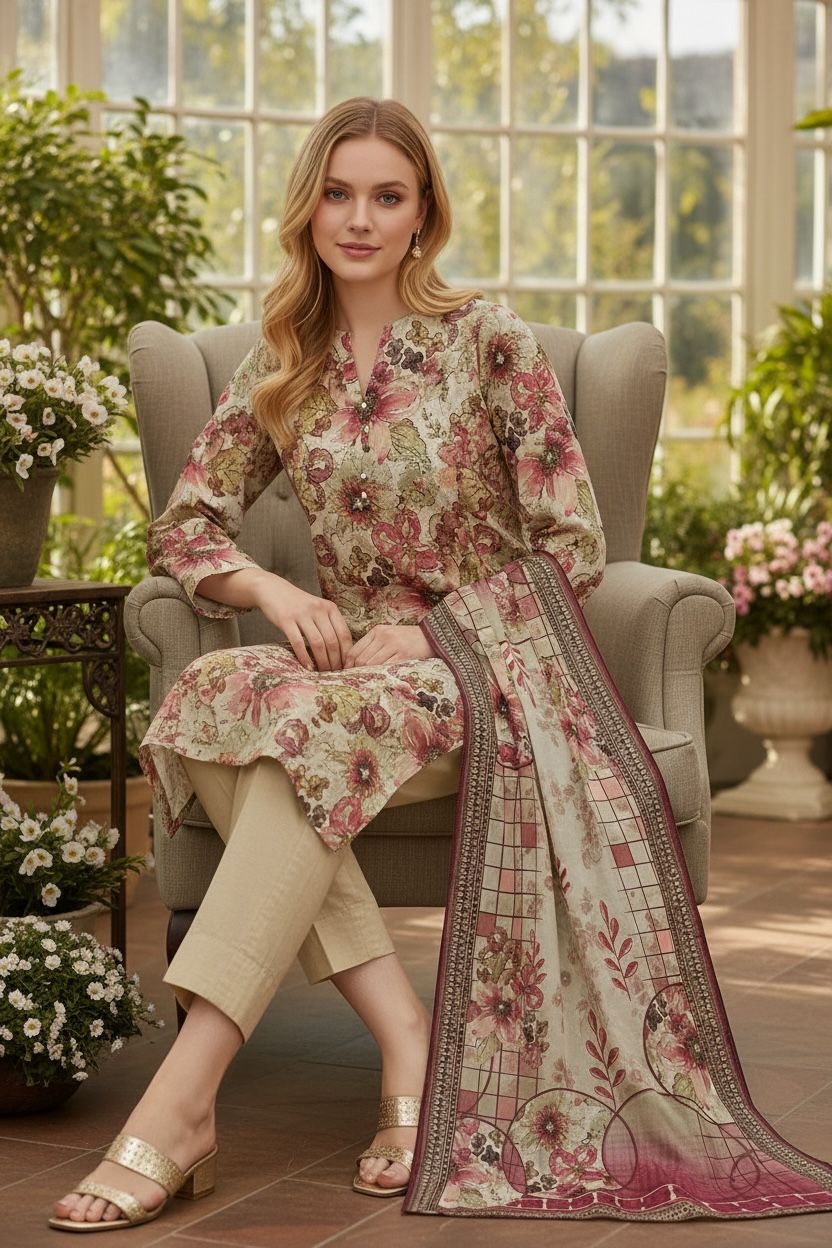3 Piece Lawn Suit – Printed Kameez, Plain Shalwar & Printed Dupatta