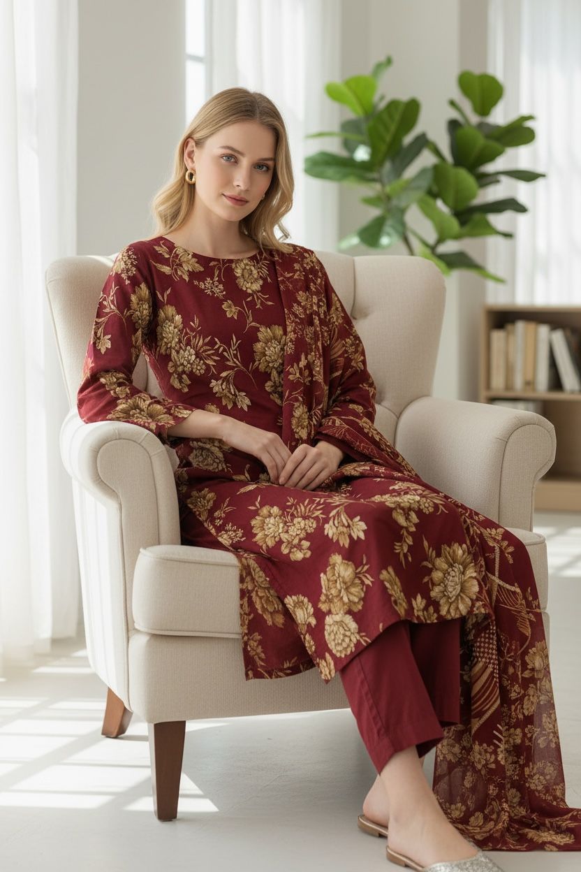 3 Piece Lawn Suit – Printed Kameez, Plain Shalwar & Printed Dupatta