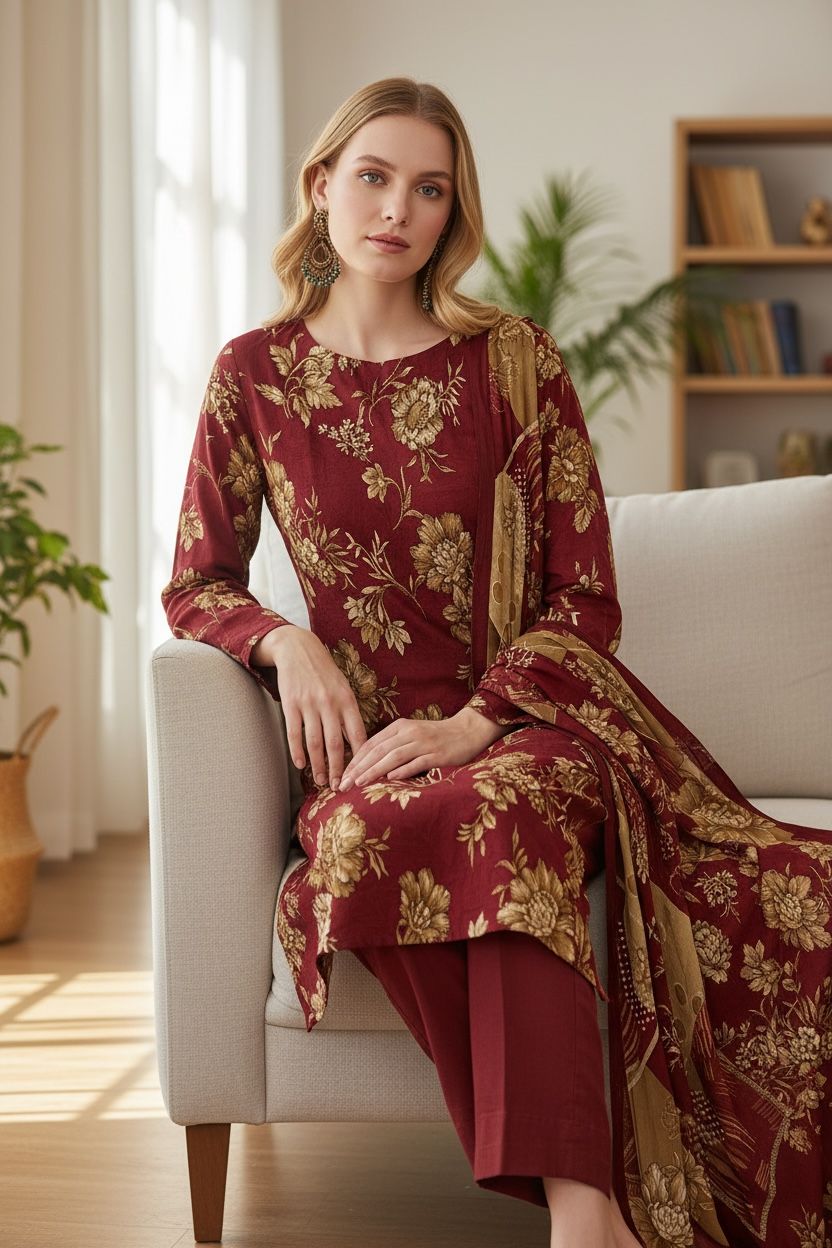 3 Piece Lawn Suit – Printed Kameez, Plain Shalwar & Printed Dupatta