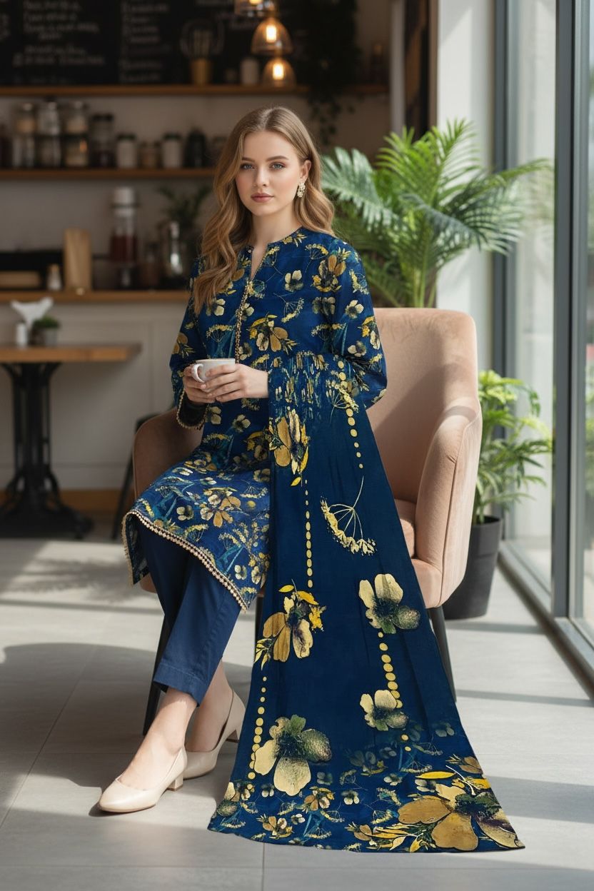 3 Piece Lawn Suit – Printed Kameez, Plain Shalwar & Printed Dupatta