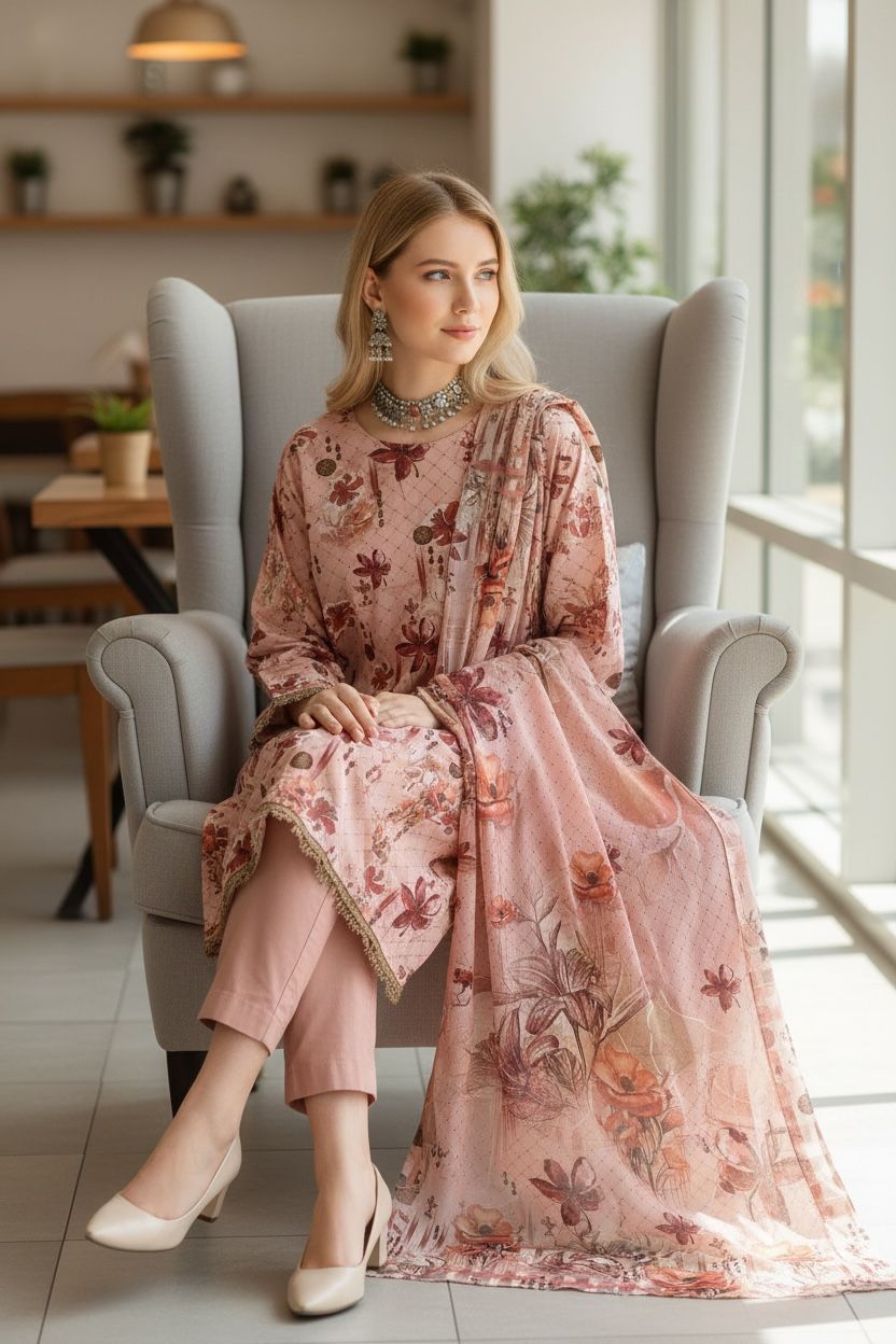 3 Piece Lawn Suit – Printed Kameez, Plain Shalwar & Printed Dupatta